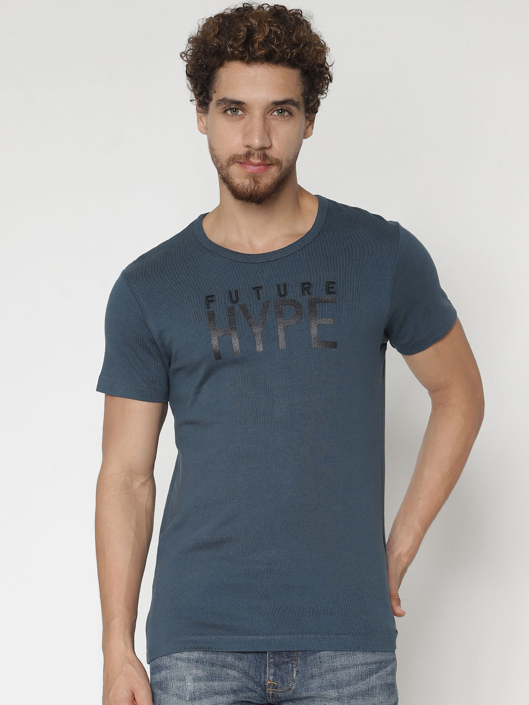 Deep Teal Text Print Crew Neck T-Shirt - S