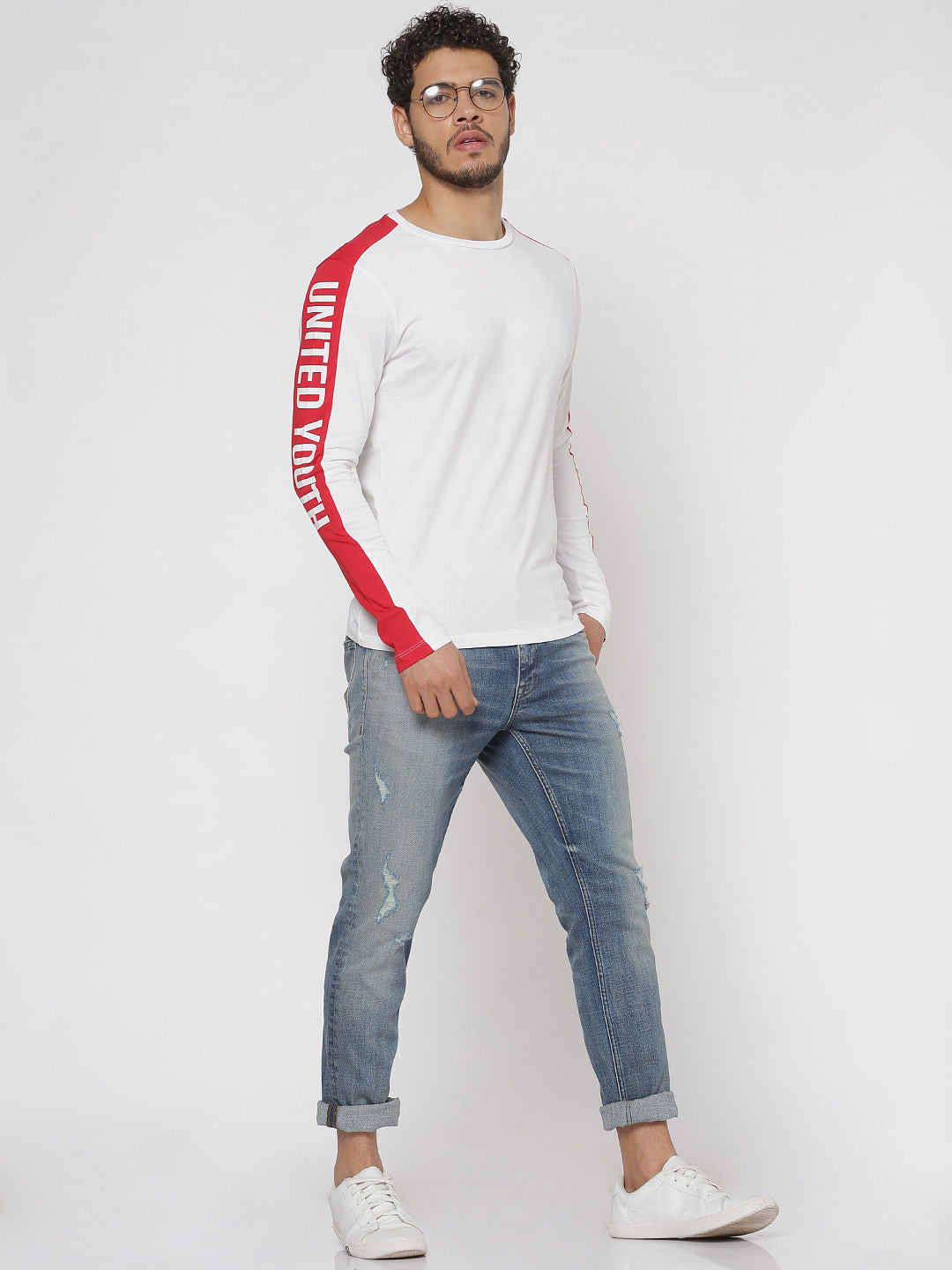 White Side Tape Detail Slim Fit Crew Neck Full Sleeves T-Shirt - S