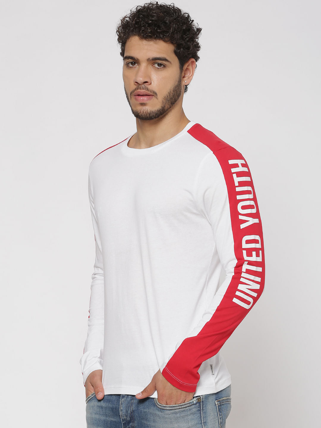 White Side Tape Detail Slim Fit Crew Neck Full Sleeves T-Shirt