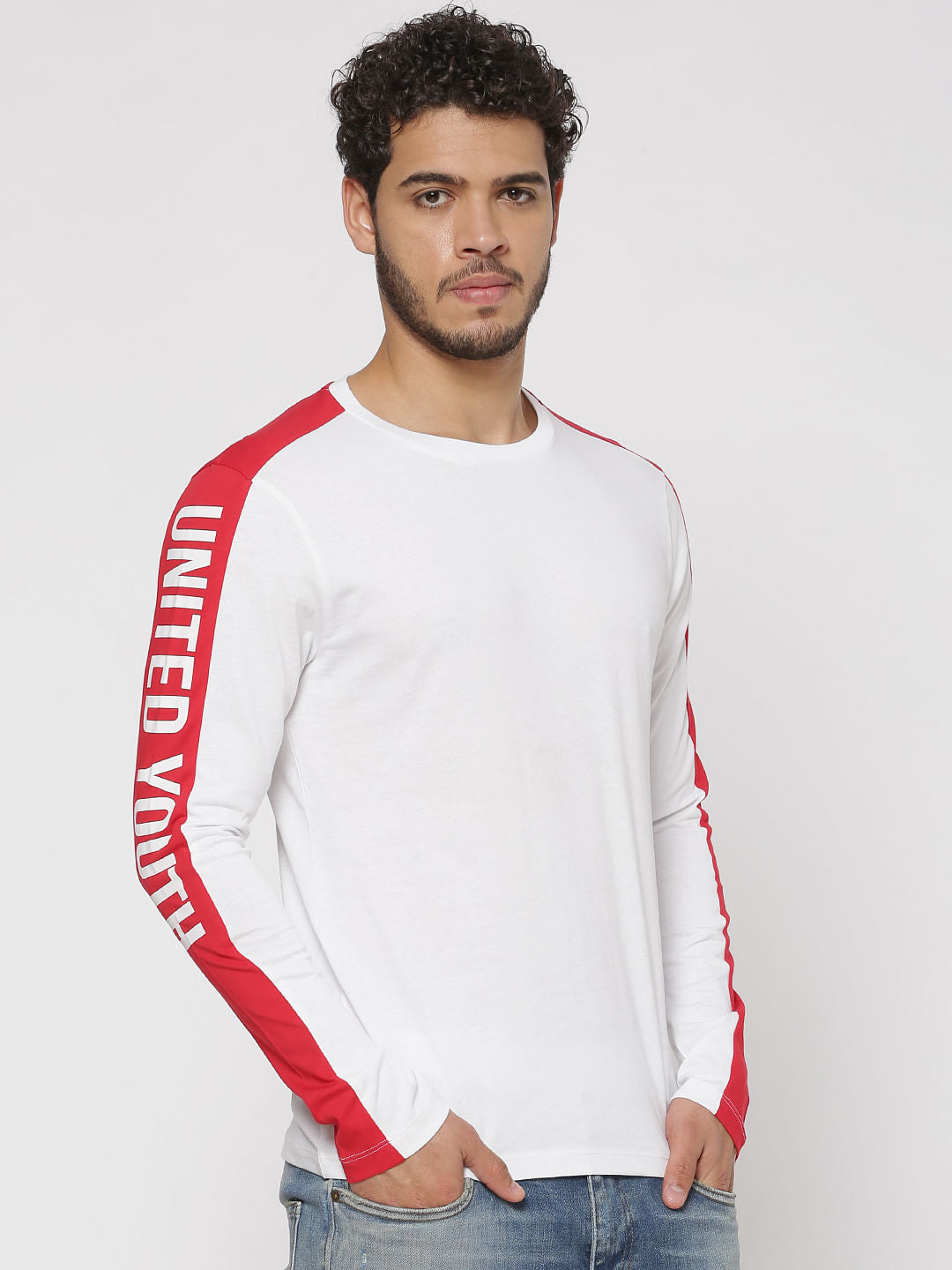 White Side Tape Detail Slim Fit Crew Neck Full Sleeves T-Shirt