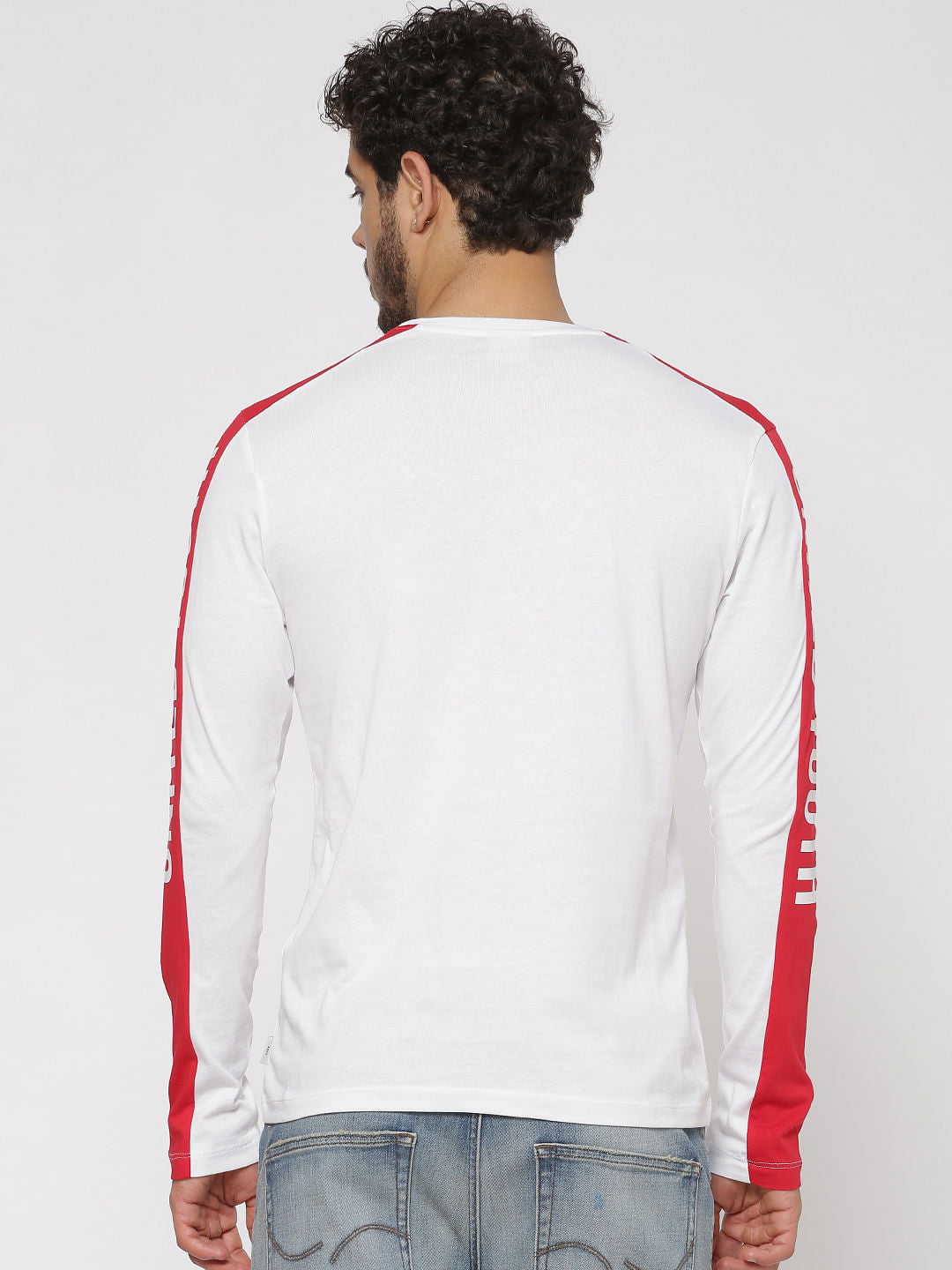 White Side Tape Detail Slim Fit Crew Neck Full Sleeves T-Shirt