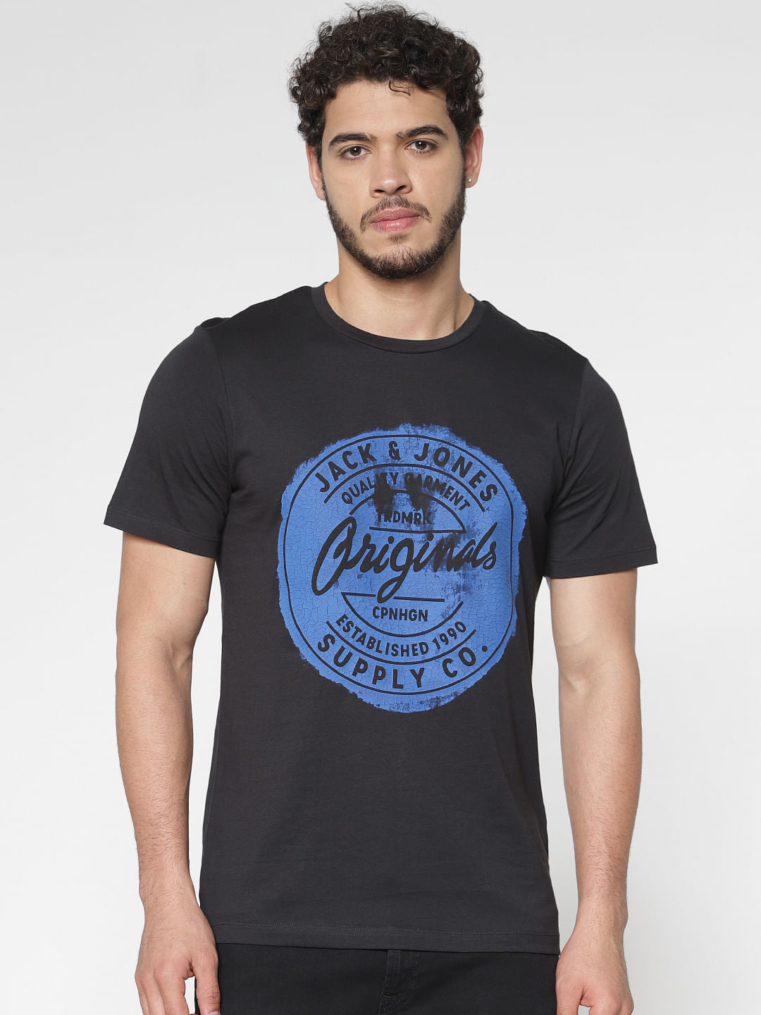 Black Chest Print Slim Fit Crew Neck T-Shirt - S