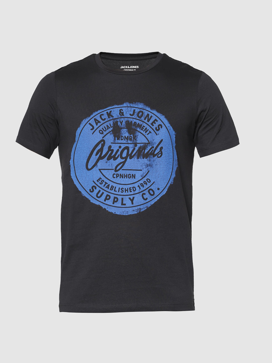 Black Chest Print Slim Fit Crew Neck T-Shirt