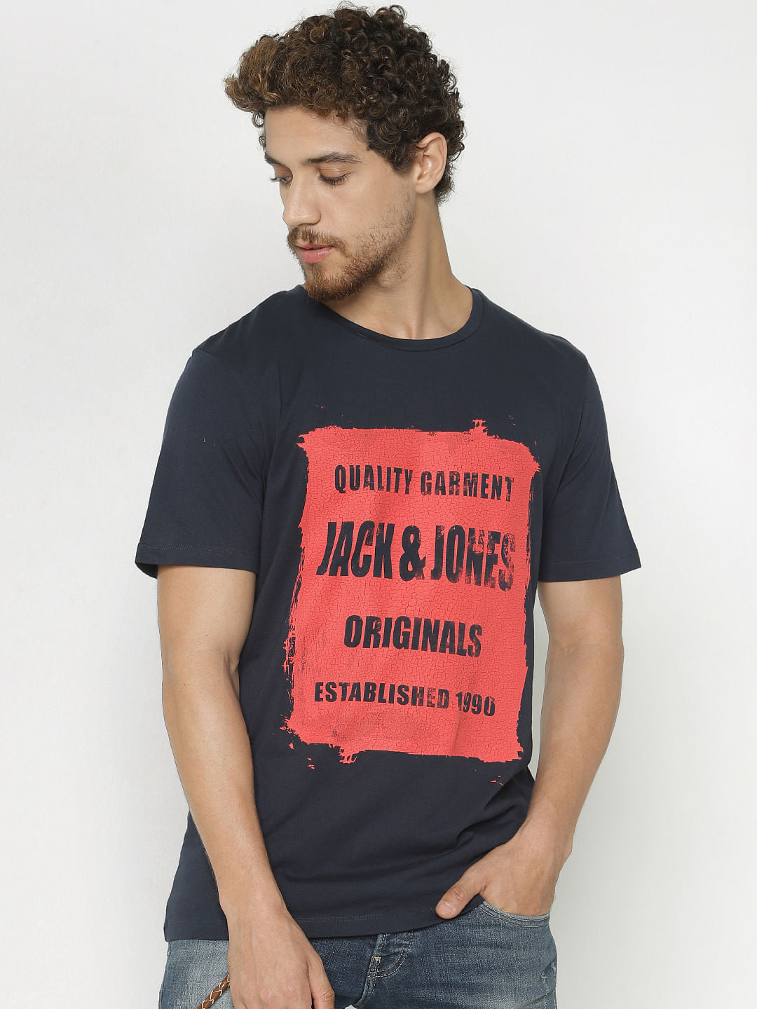 Blue Text Print Crew Neck T-Shirt