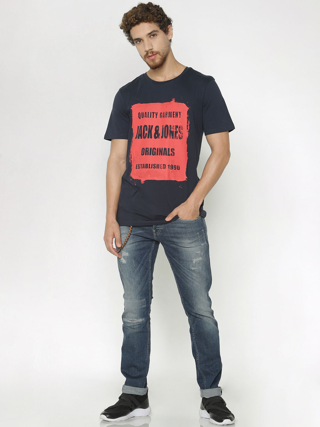 Blue Text Print Crew Neck T-Shirt