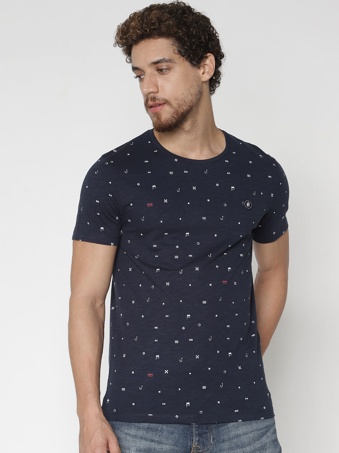 Blue All Over Print Crew Neck T-Shirt - S