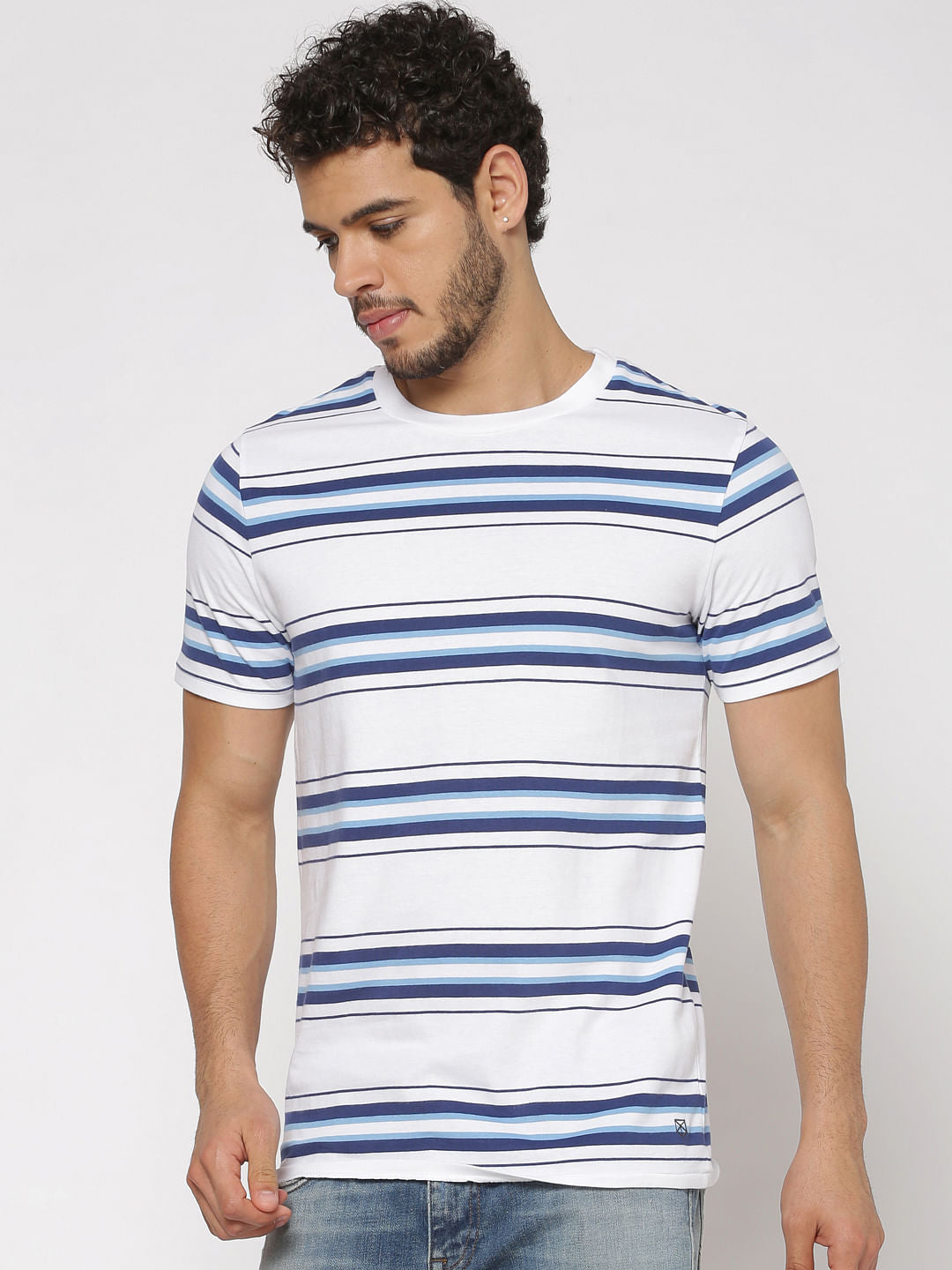 White Striped Slim Fit Crew Neck T-Shirt - S
