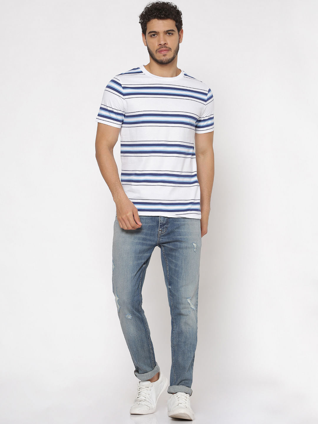 White Striped Slim Fit Crew Neck T-Shirt
