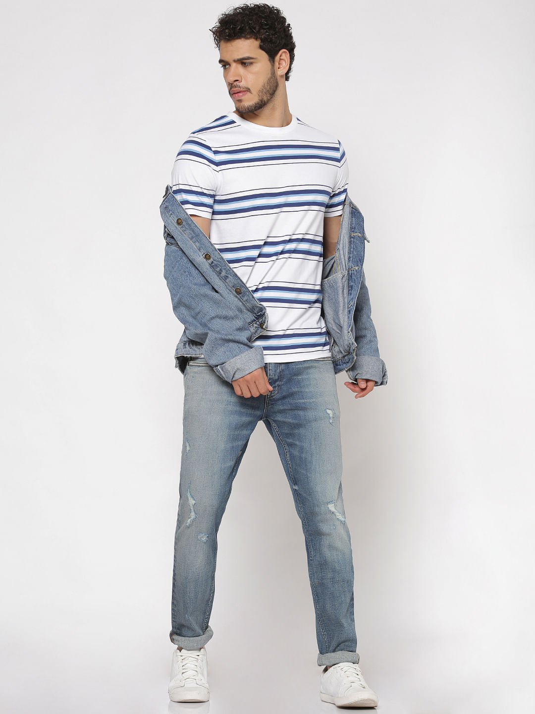 White Striped Slim Fit Crew Neck T-Shirt