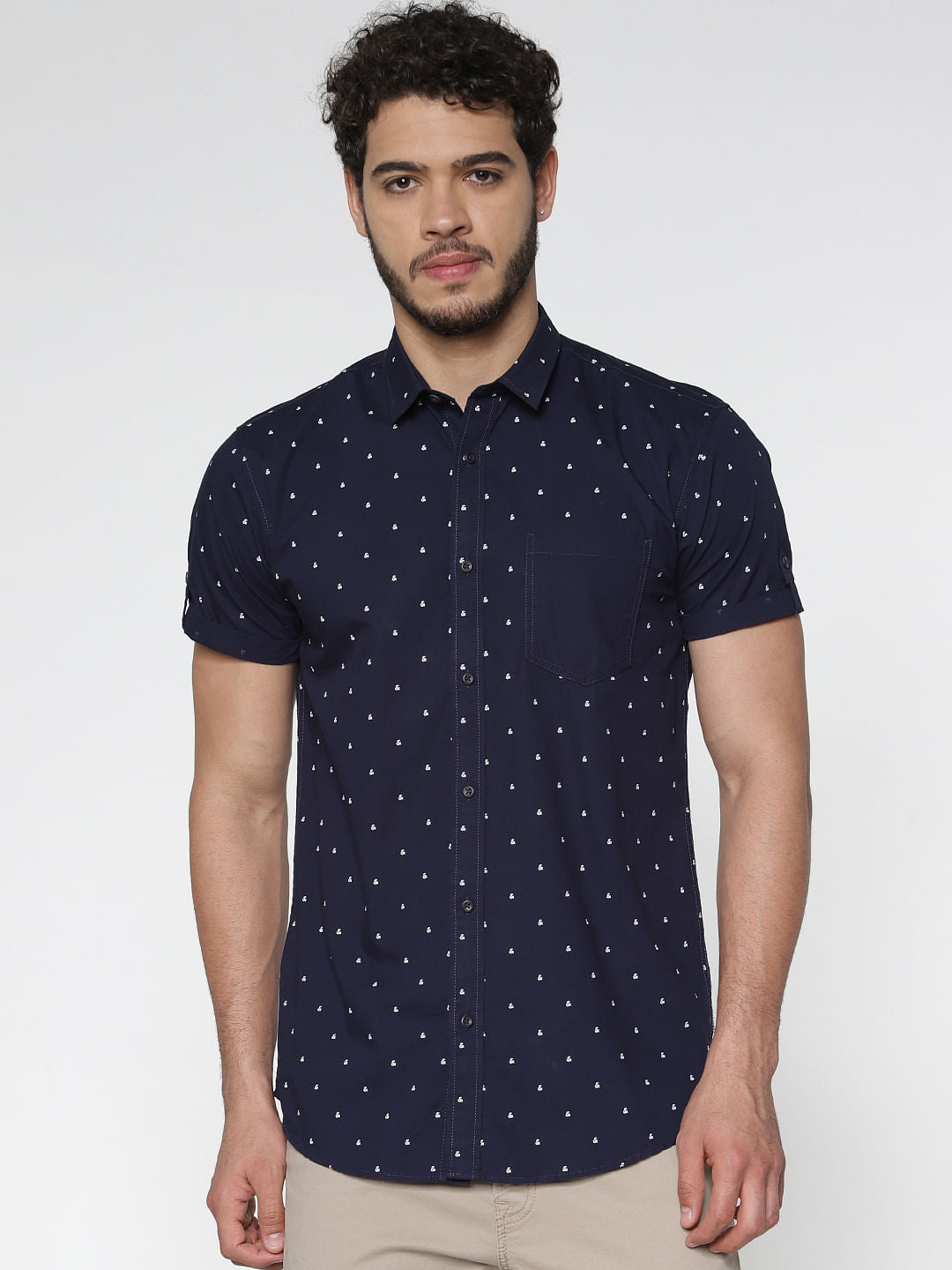 Blue All Over Printed Patch Pocket Short Sleeves Shirt - S