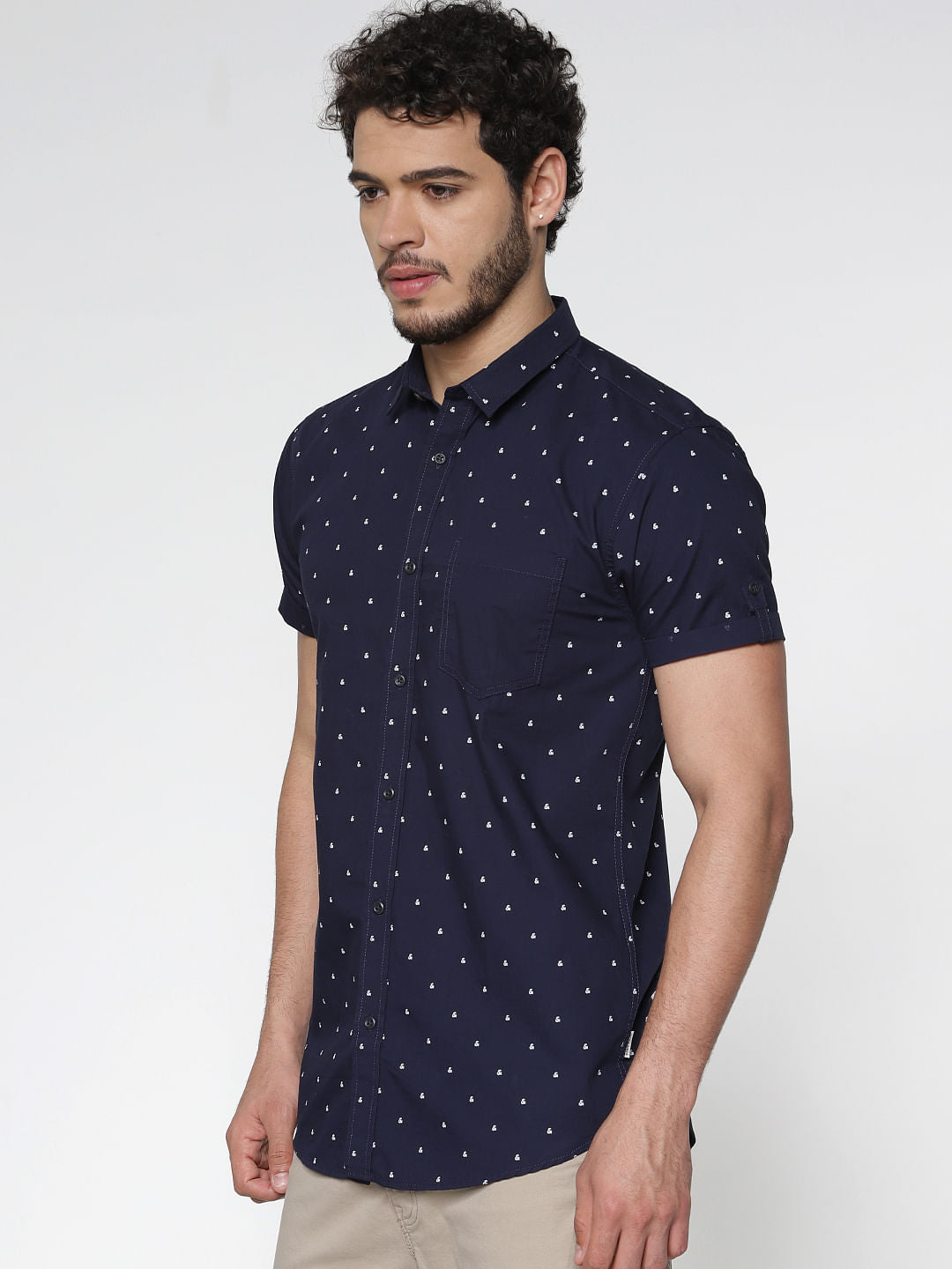 Blue All Over Printed Patch Pocket Short Sleeves Shirt