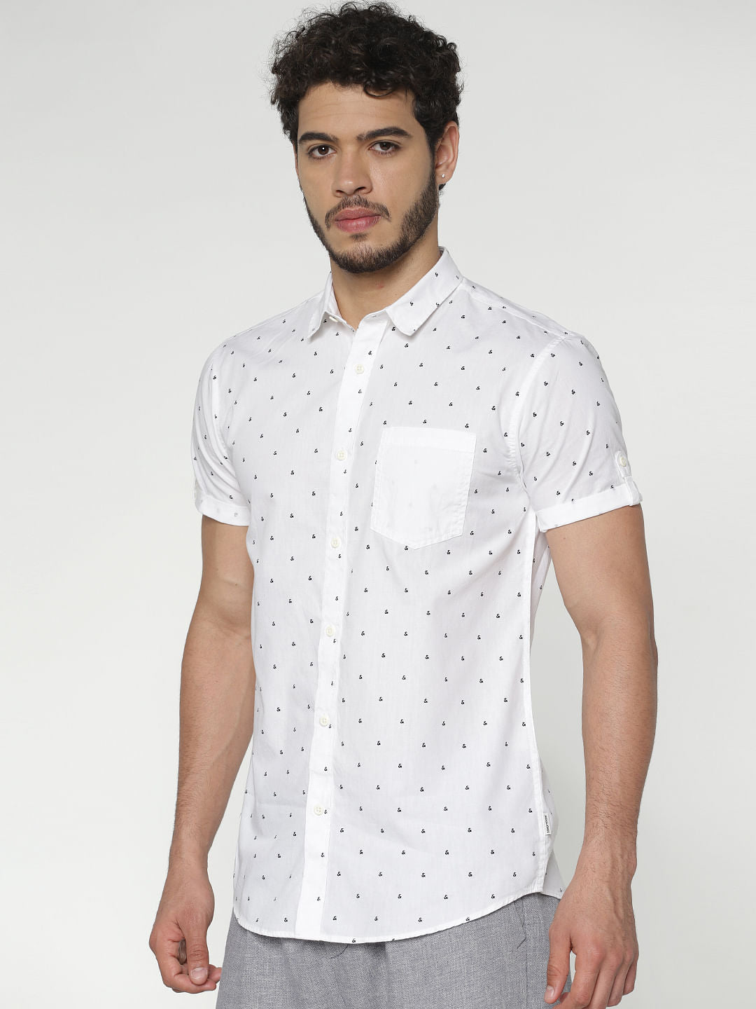 White All Over Printed Patch Pocket Short Sleeves Shirt