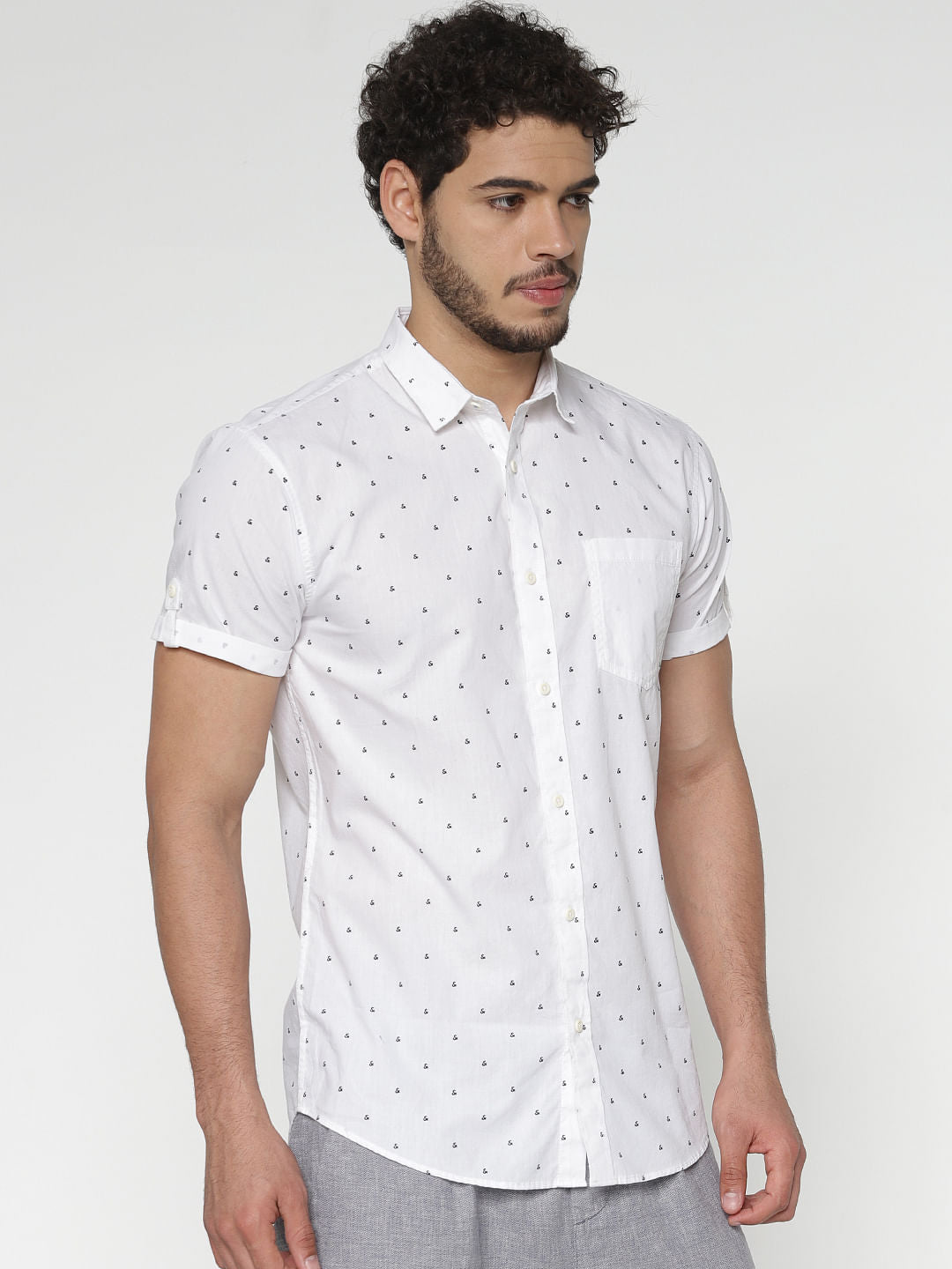 White All Over Printed Patch Pocket Short Sleeves Shirt