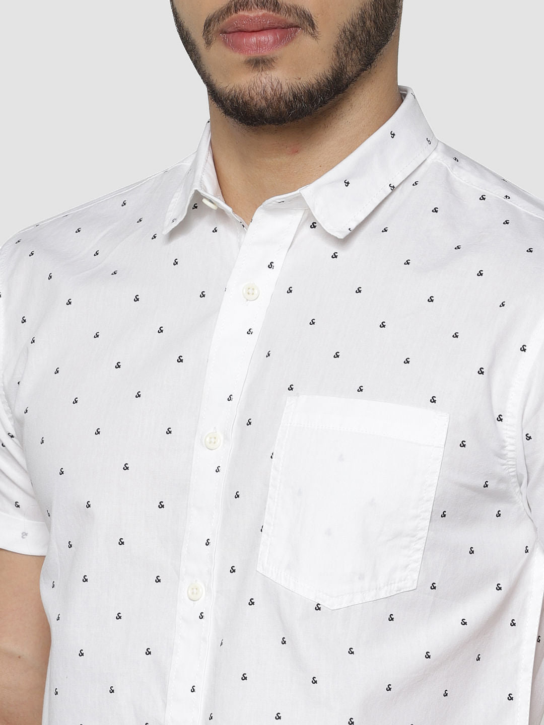 White All Over Printed Patch Pocket Short Sleeves Shirt