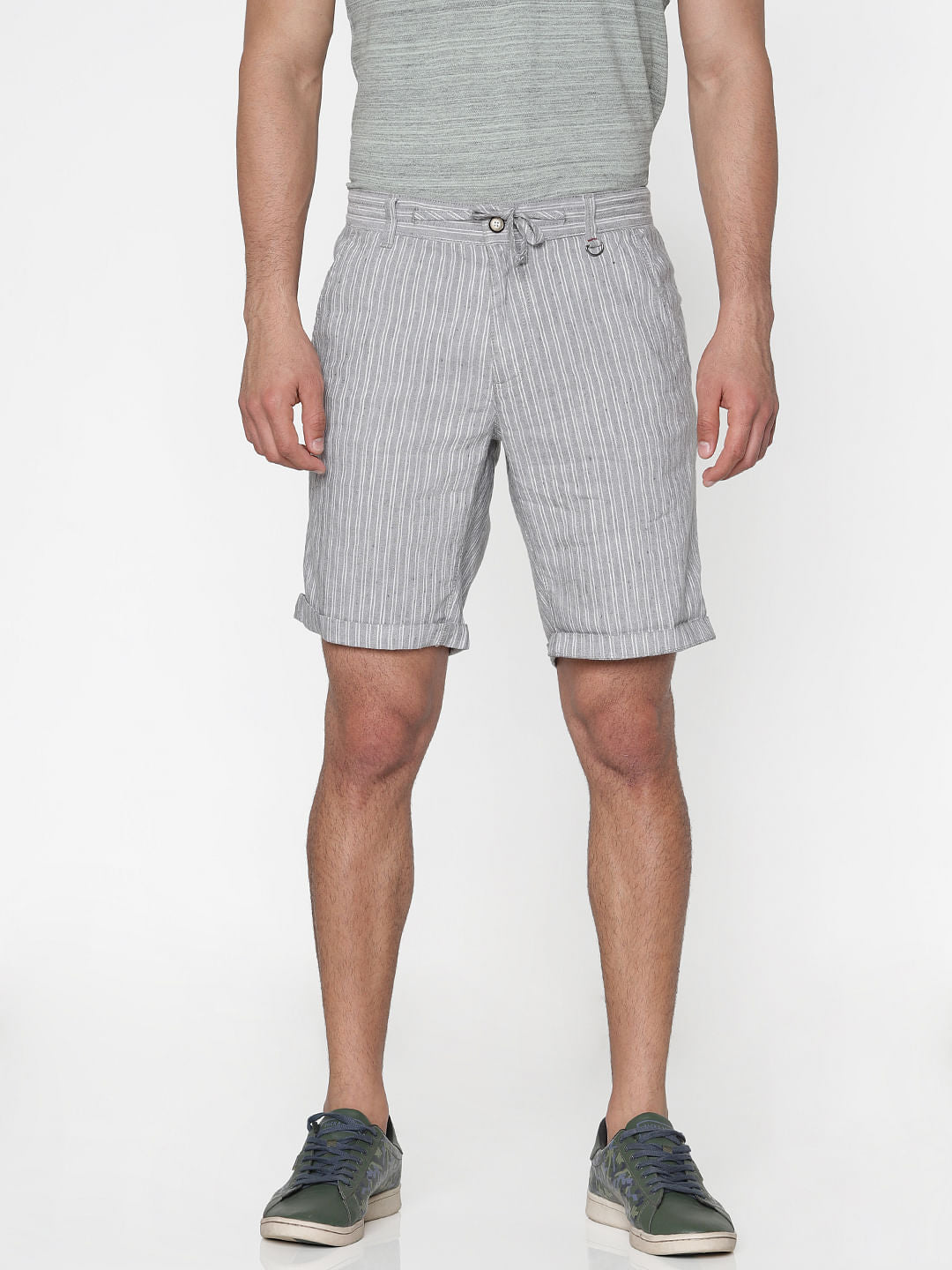 Grey Striped Drawstring Chino Shorts - S