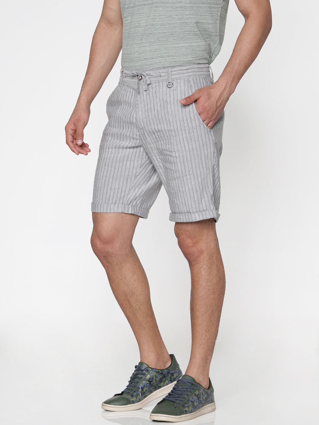 Grey Striped Drawstring Chino Shorts