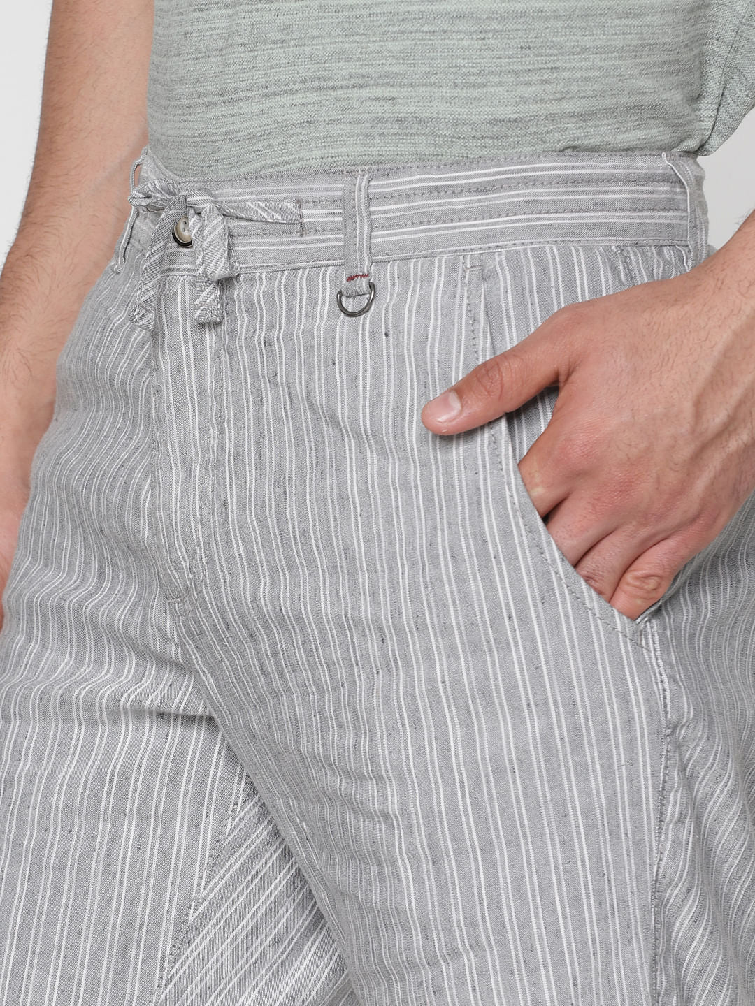 Grey Striped Drawstring Chino Shorts