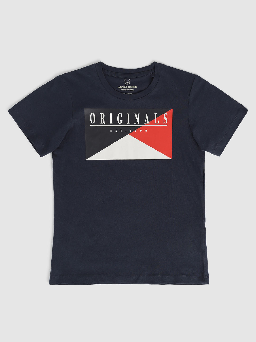 Boys Navy Blue Colour Blocked Chest Print Crew Neck T-Shirt - 128/8Y