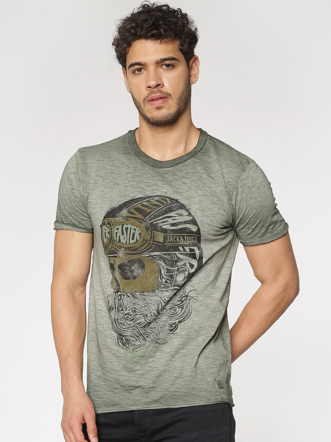 Green Graphic Print Washed Slim Fit Crew Neck T-Shirt - S