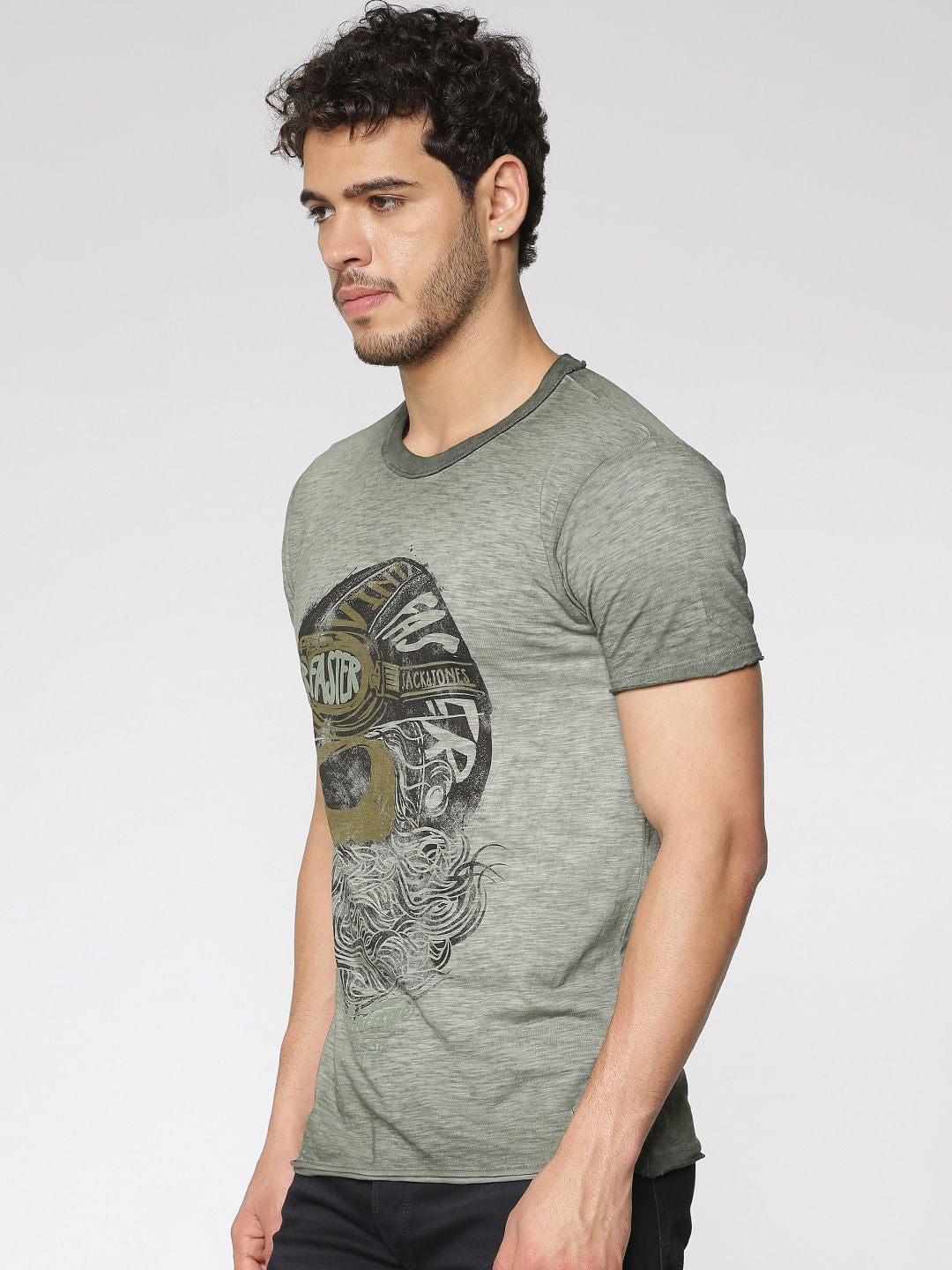 Green Graphic Print Washed Slim Fit Crew Neck T-Shirt