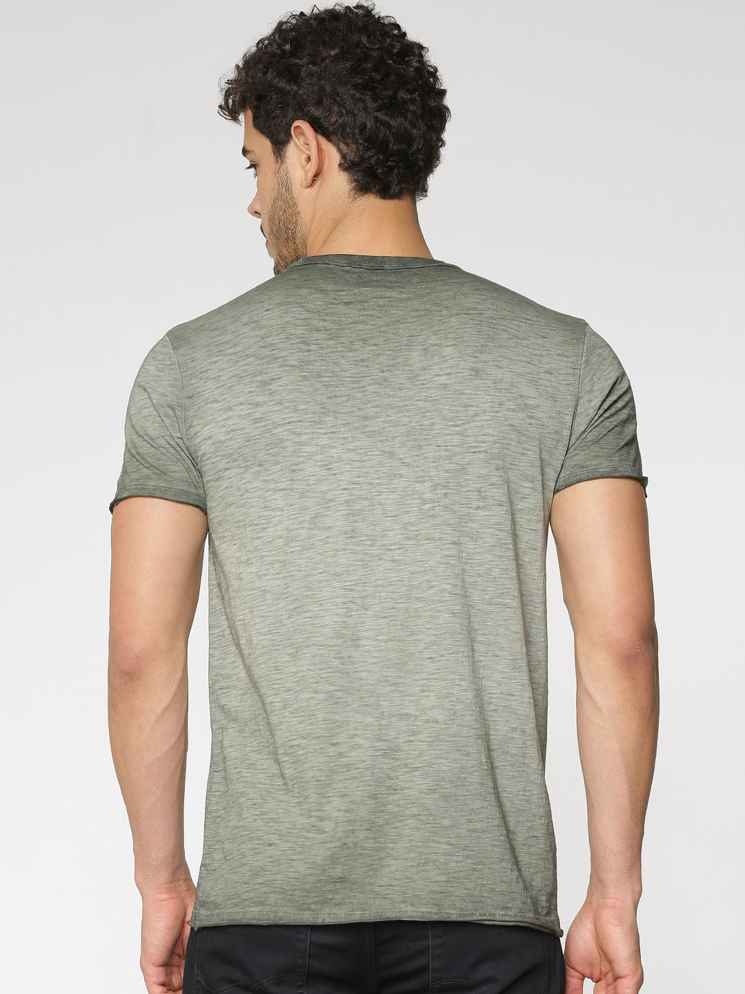Green Graphic Print Washed Slim Fit Crew Neck T-Shirt