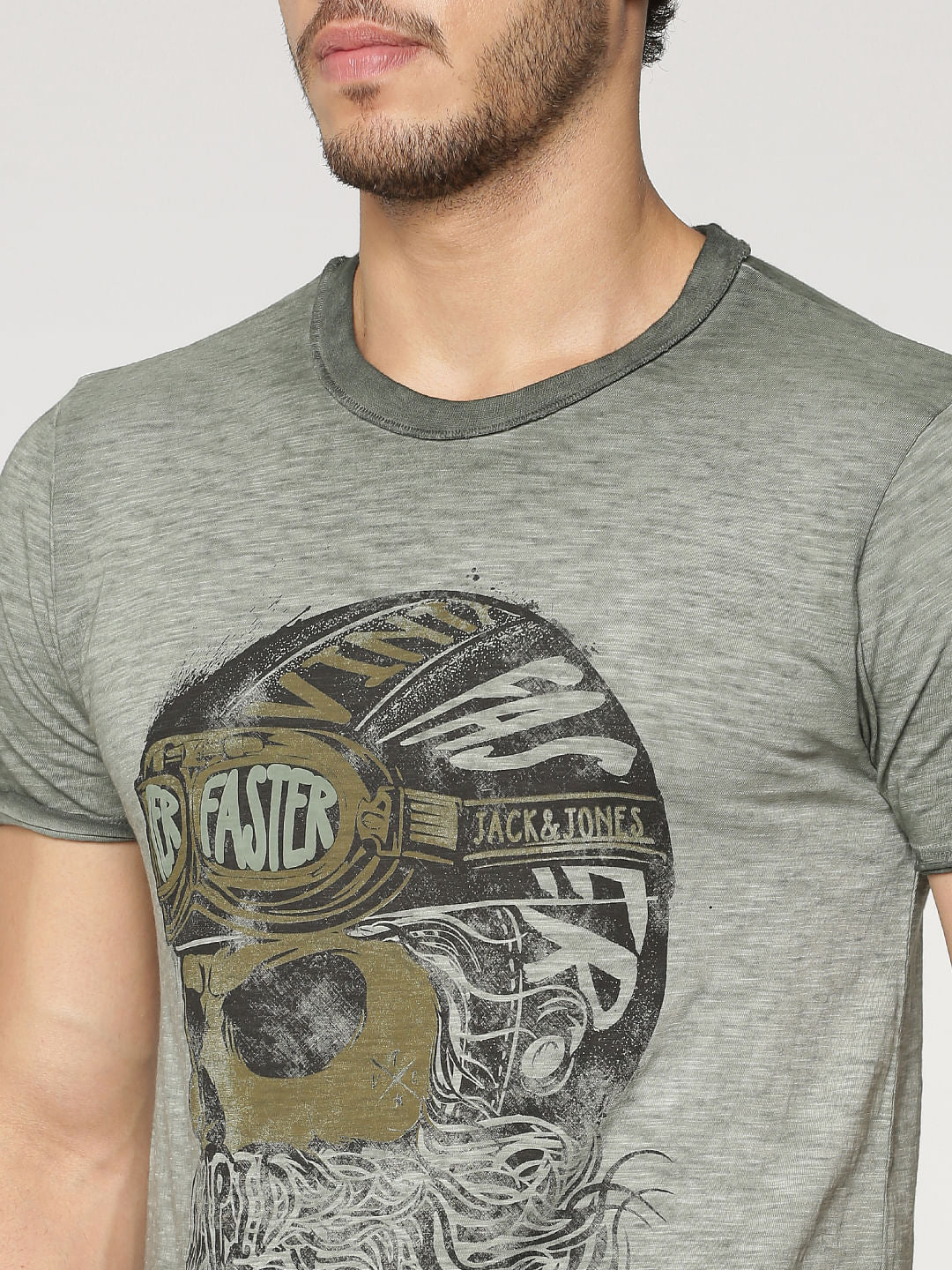 Green Graphic Print Washed Slim Fit Crew Neck T-Shirt