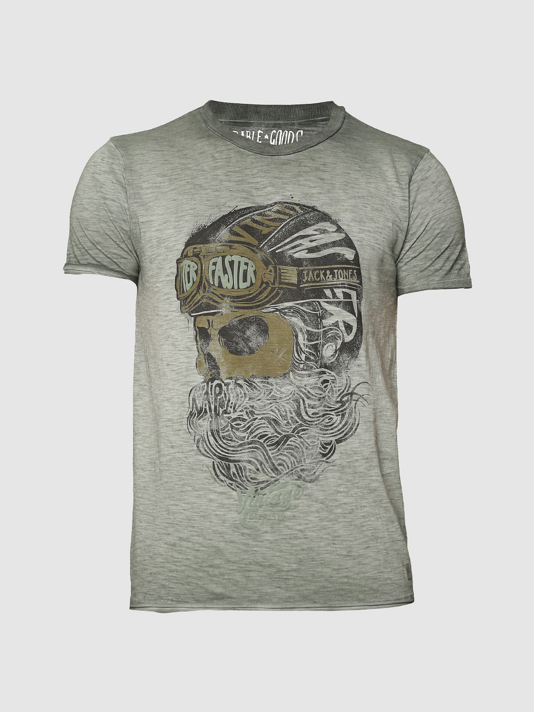 Green Graphic Print Washed Slim Fit Crew Neck T-Shirt