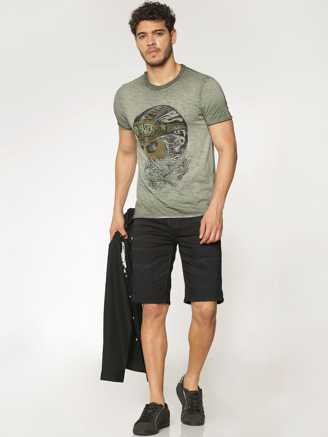 Green Graphic Print Washed Slim Fit Crew Neck T-Shirt