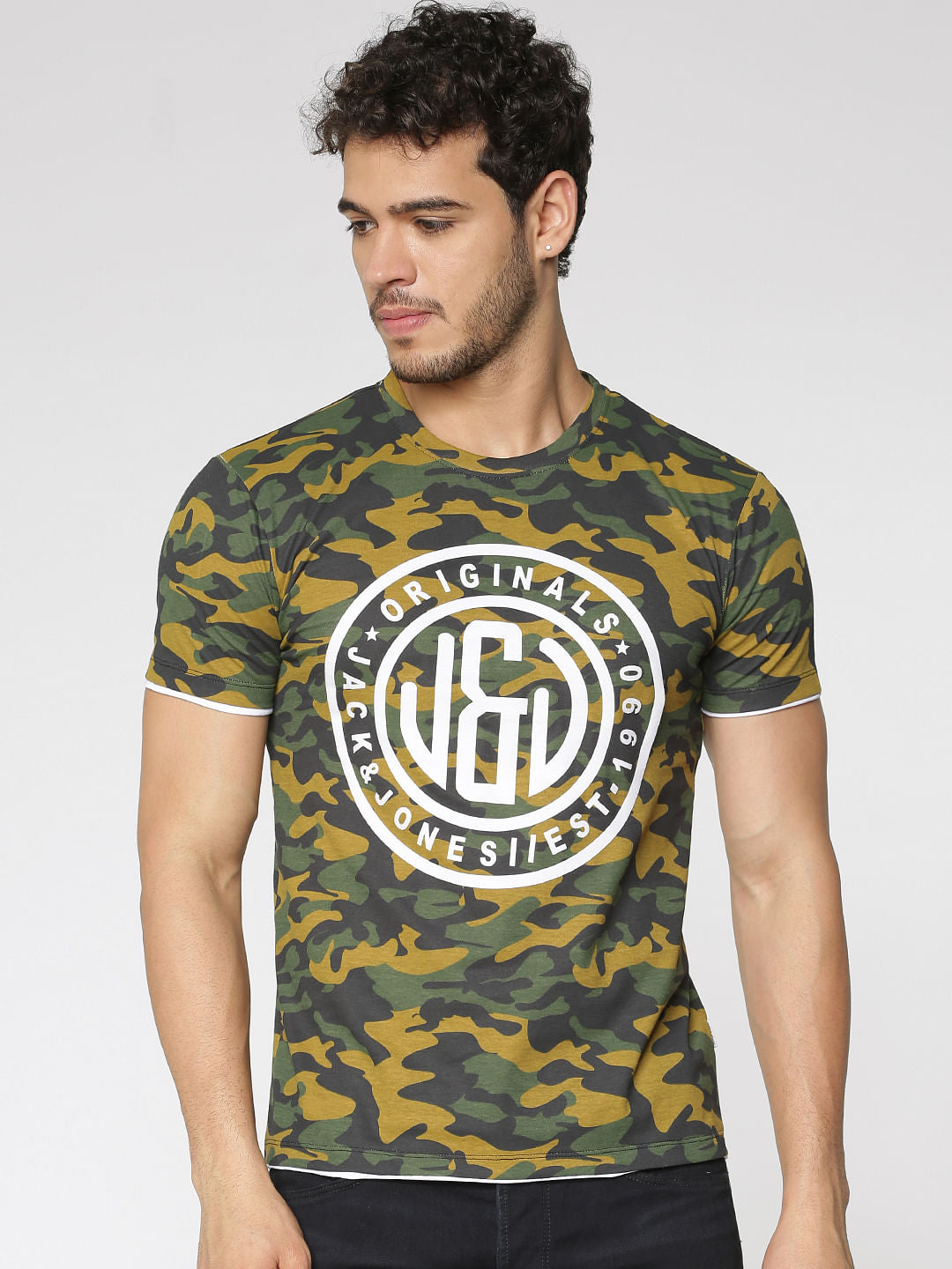 Green Camo Print Slim Fit Crew Neck T-Shirt