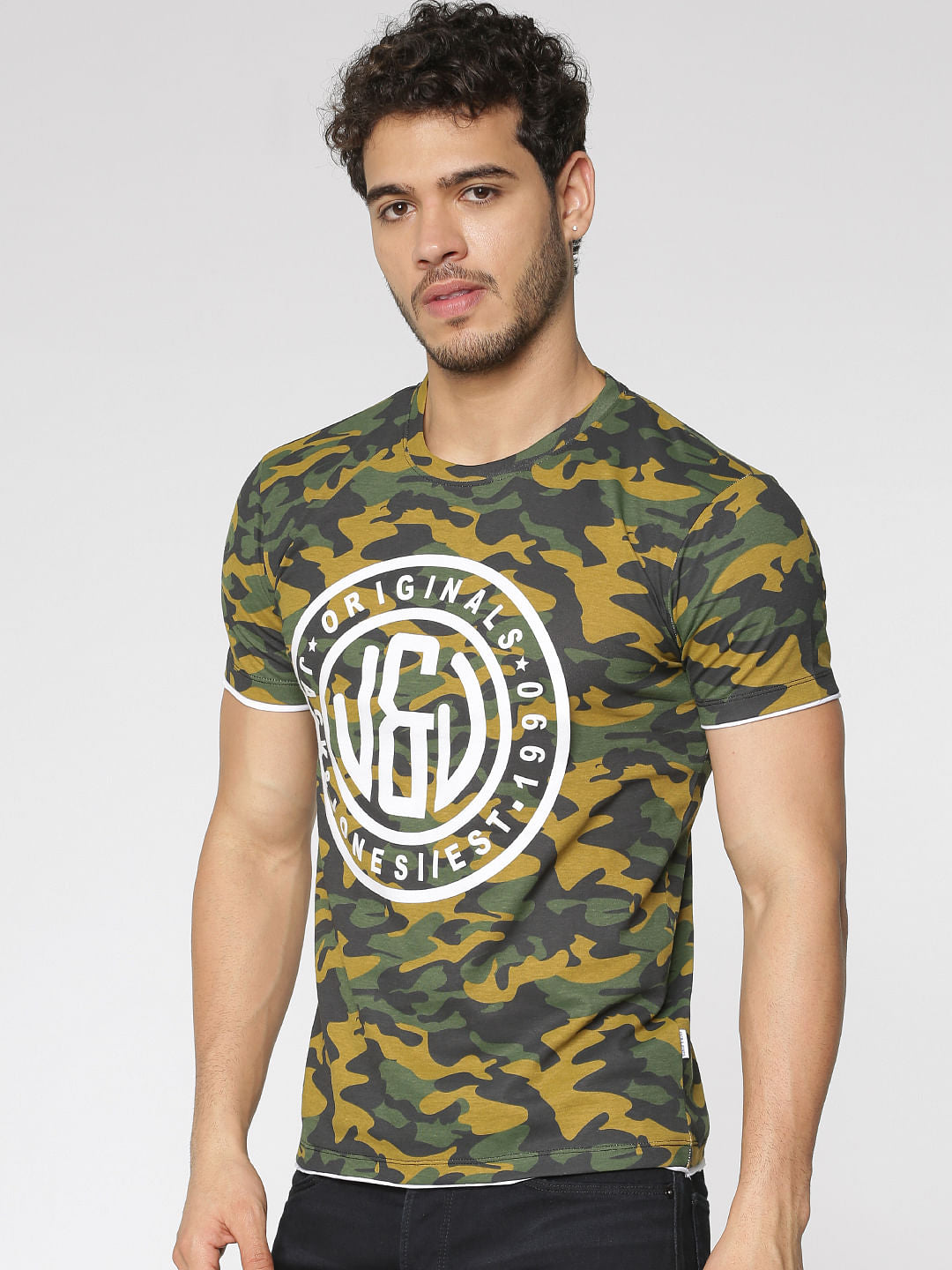 Green Camo Print Slim Fit Crew Neck T-Shirt