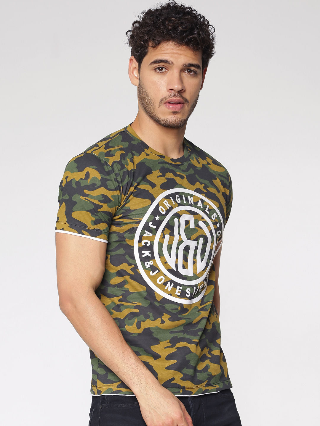 Green Camo Print Slim Fit Crew Neck T-Shirt