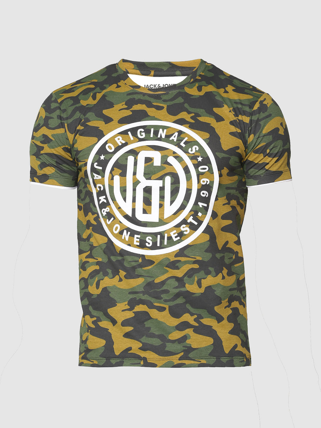 Green Camo Print Slim Fit Crew Neck T-Shirt