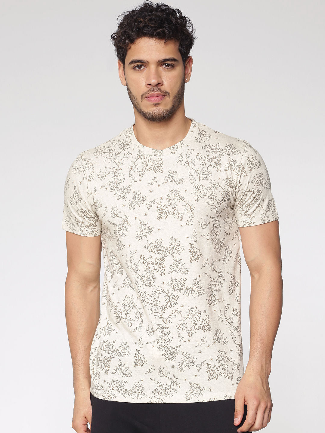 Cream Printed Crew Neck T-Shirt - S
