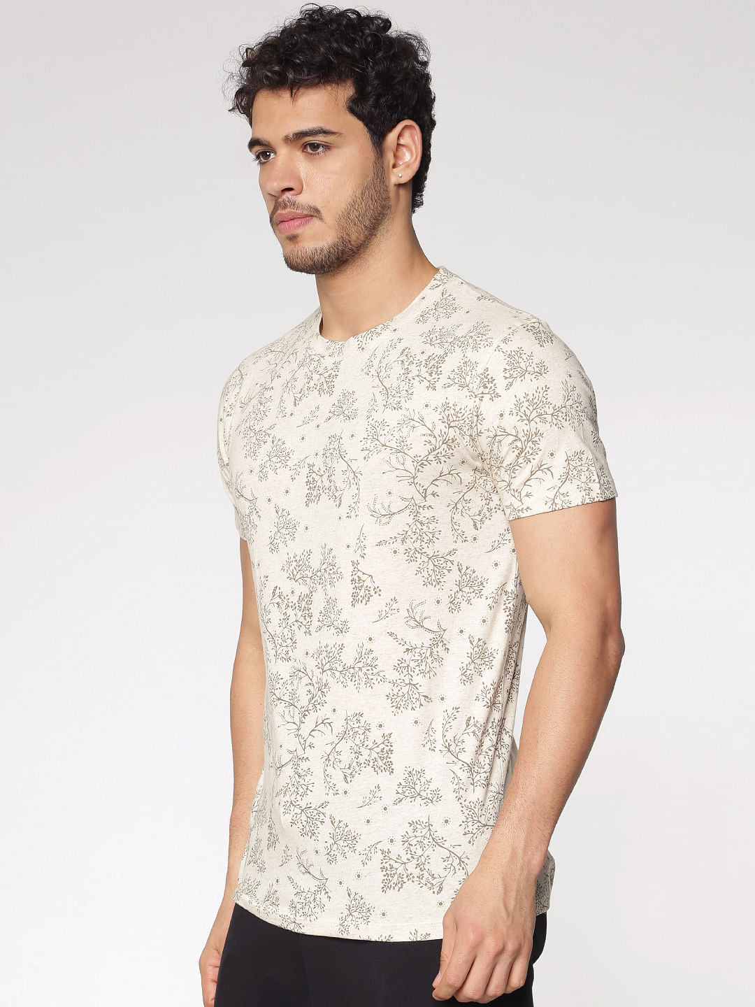 Cream Printed Crew Neck T-Shirt