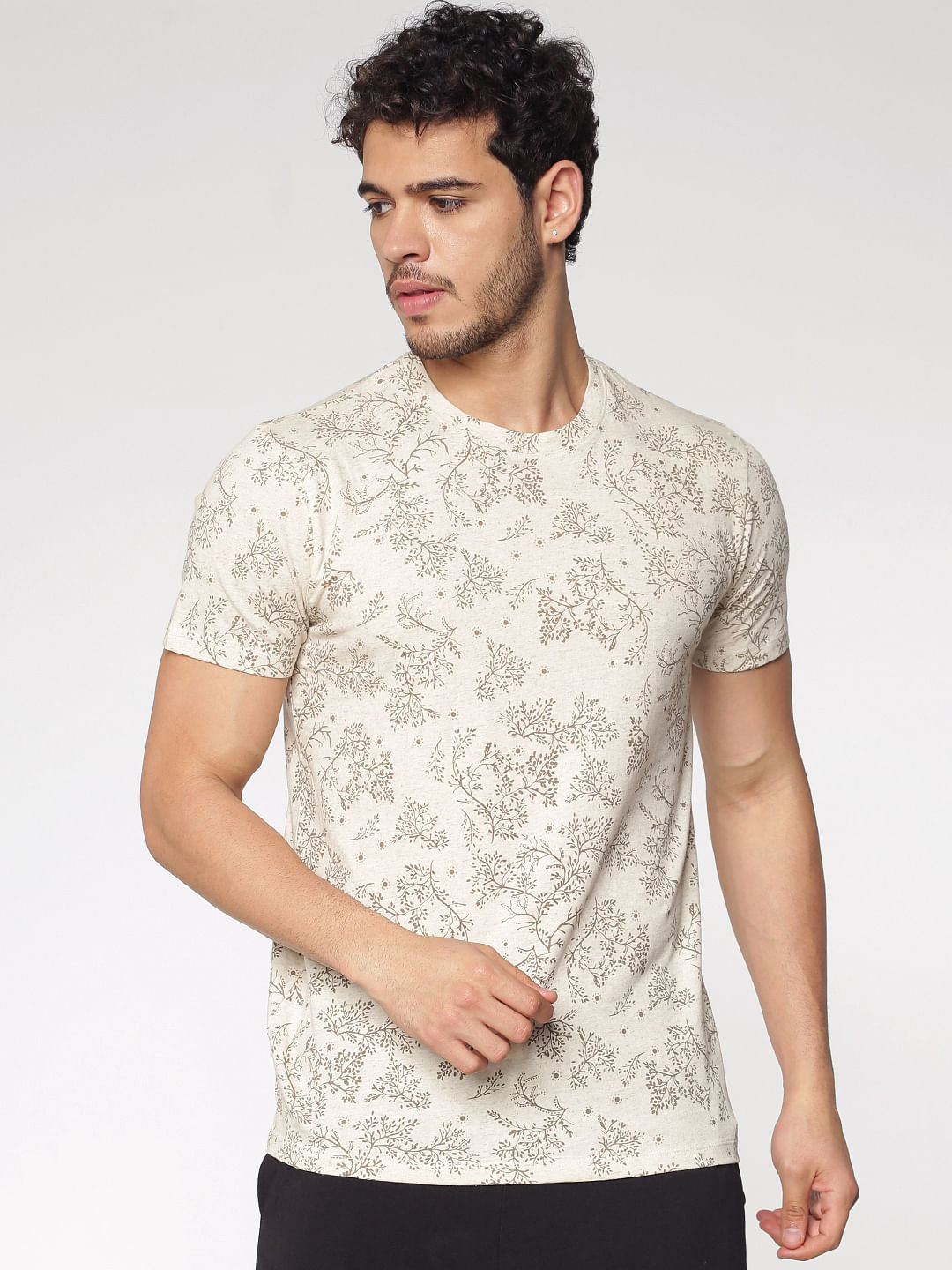 Cream Printed Crew Neck T-Shirt