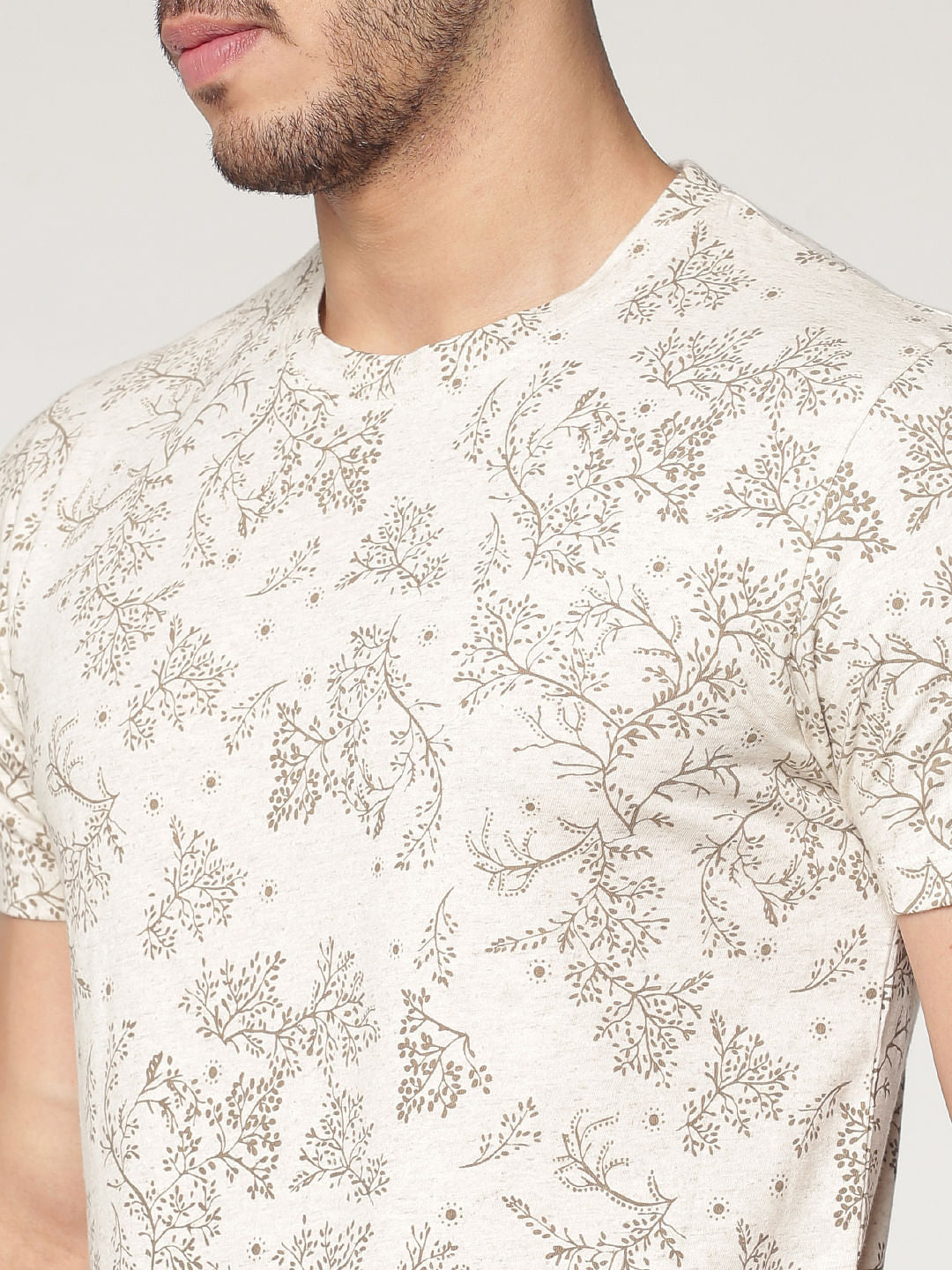 Cream Printed Crew Neck T-Shirt