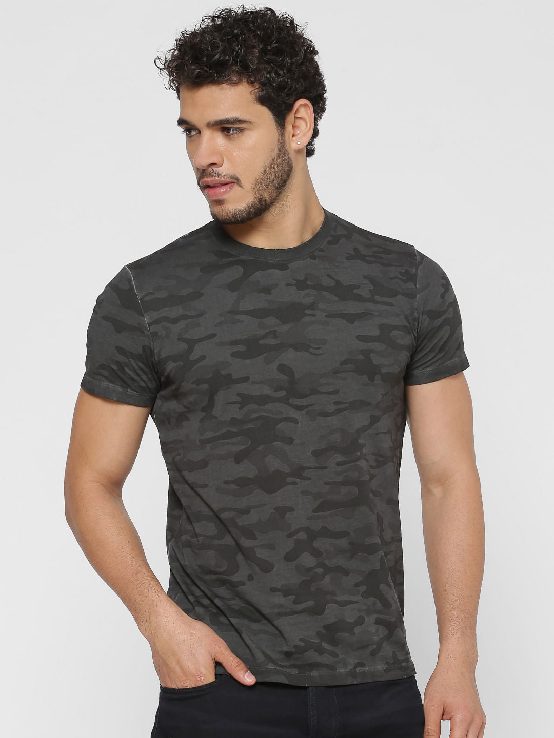Grey Camo Print Crew Neck T-Shirt - S