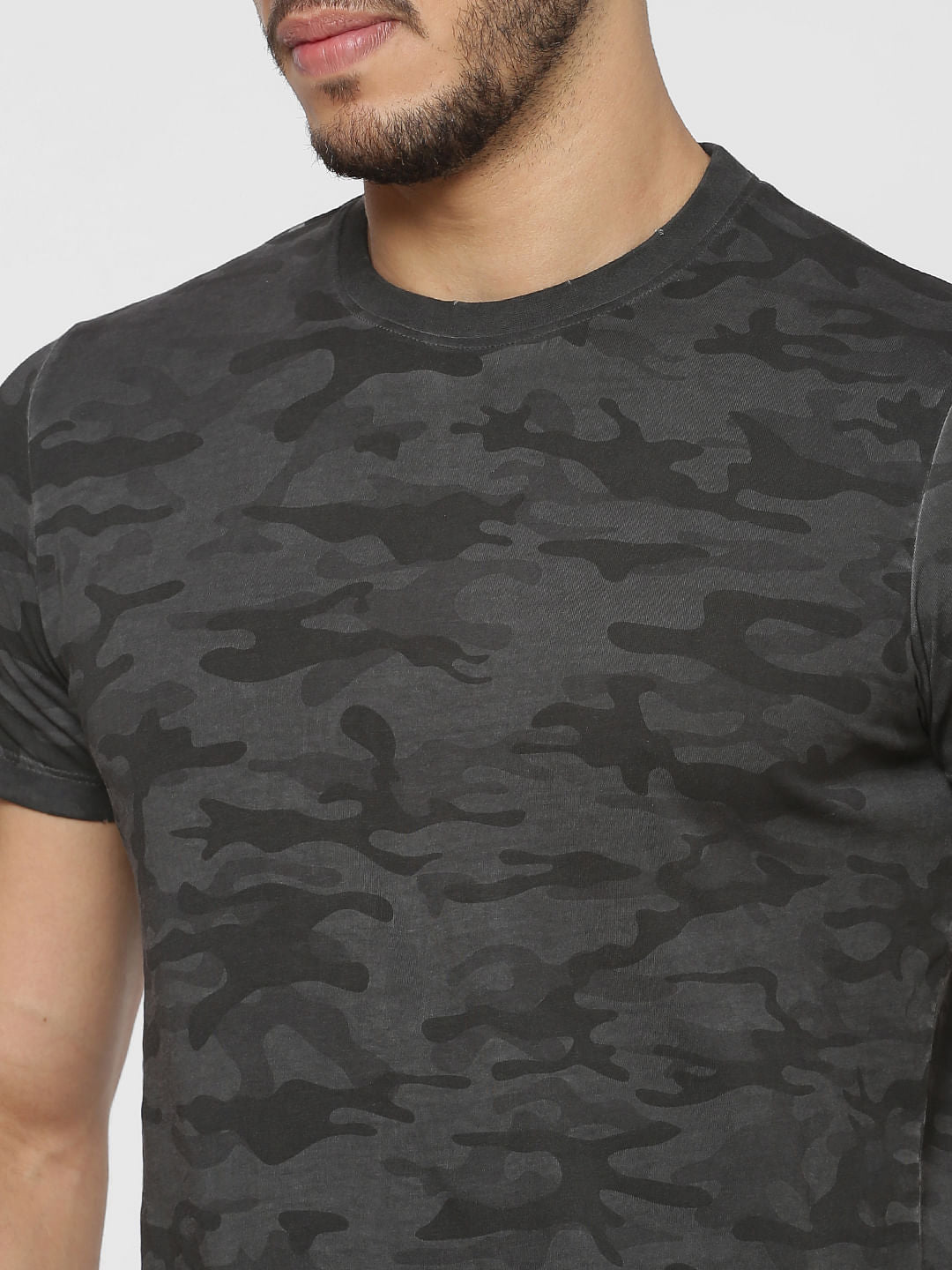 Grey Camo Print Crew Neck T-Shirt