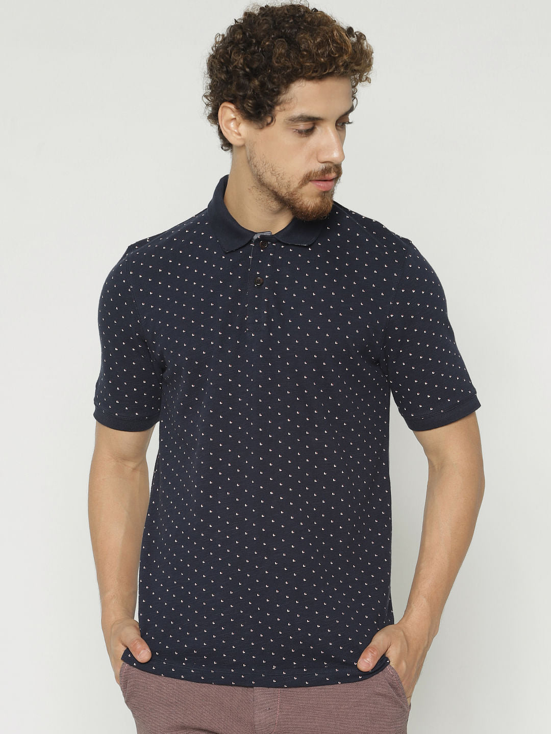 Navy Blue All Over Print Polo Neck T-Shirt