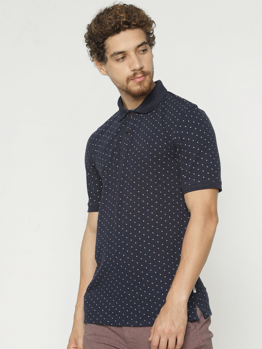 Navy Blue All Over Print Polo Neck T-Shirt