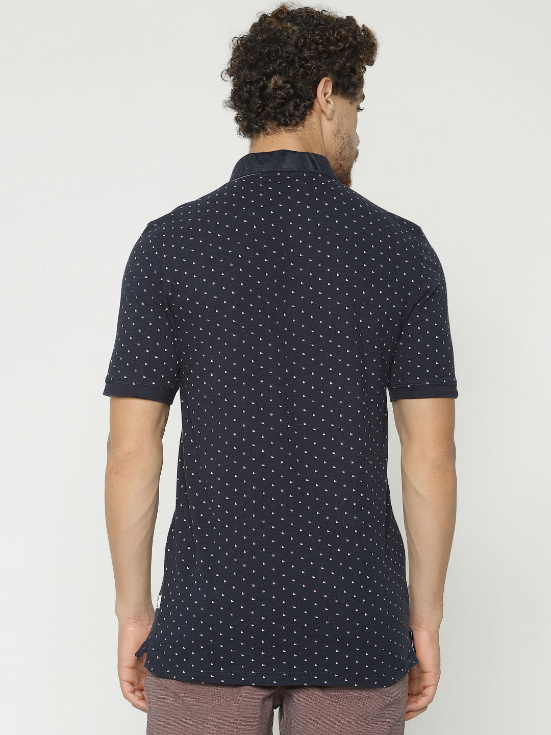 Navy Blue All Over Print Polo Neck T-Shirt