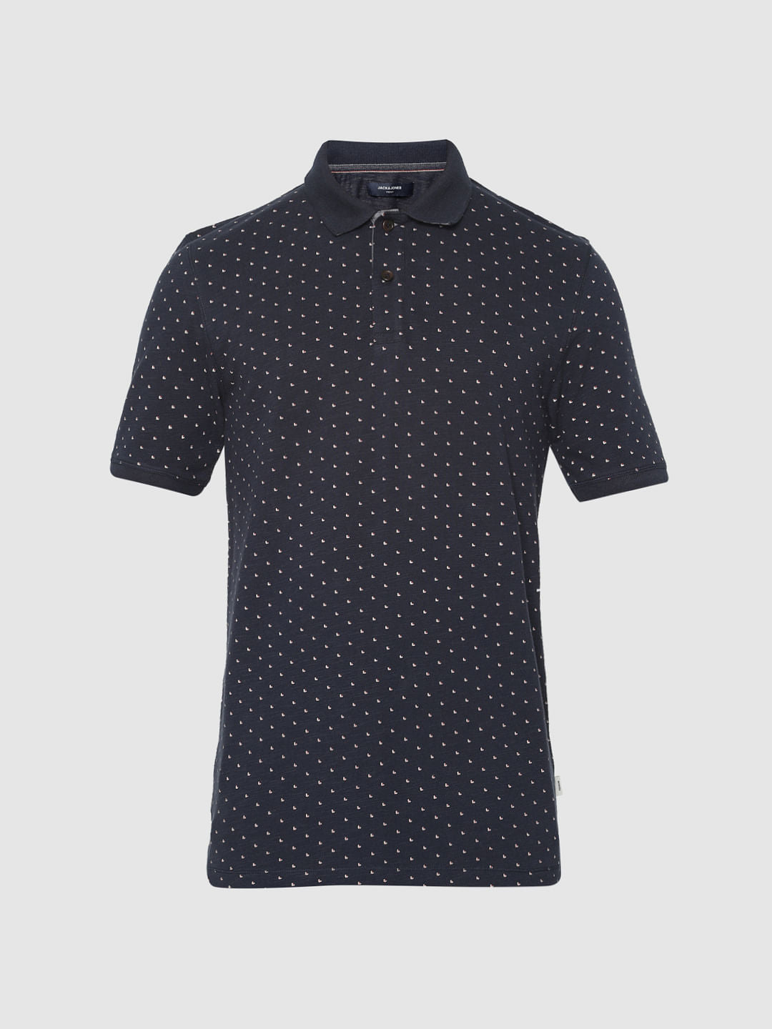 Navy Blue All Over Print Polo Neck T-Shirt