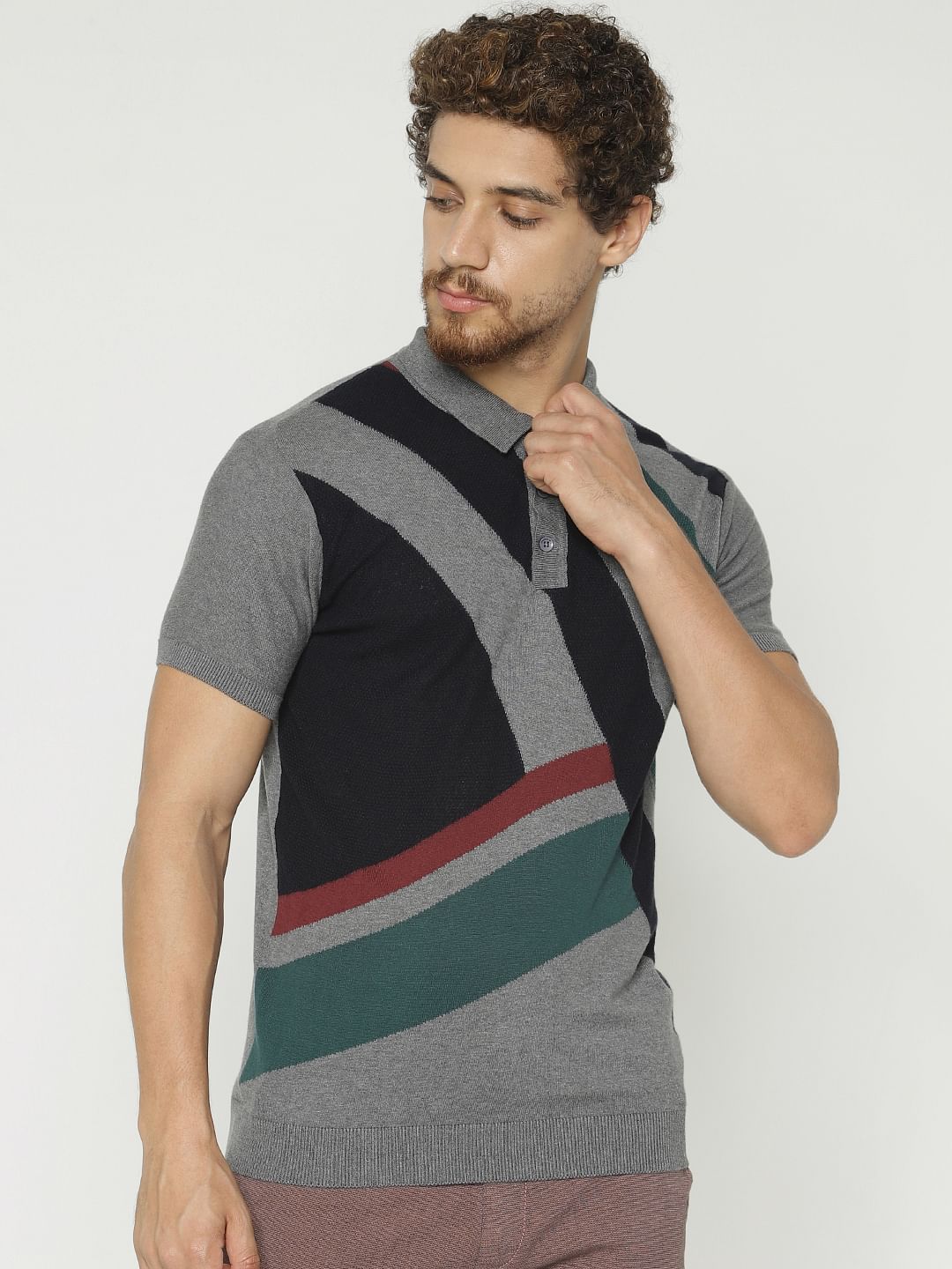 Grey Colour Blocked Polo Neck T-Shirt