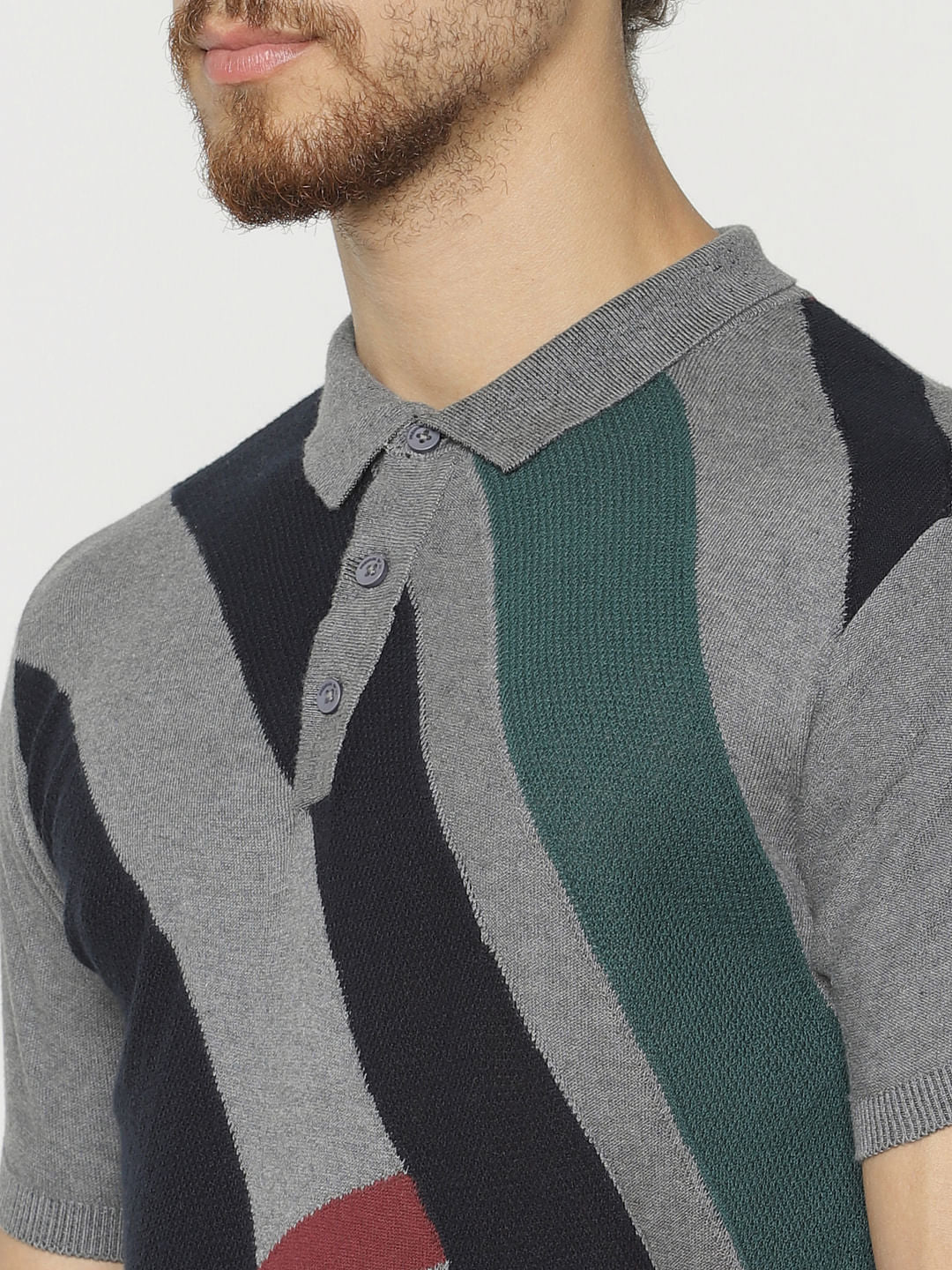 Grey Colour Blocked Polo Neck T-Shirt