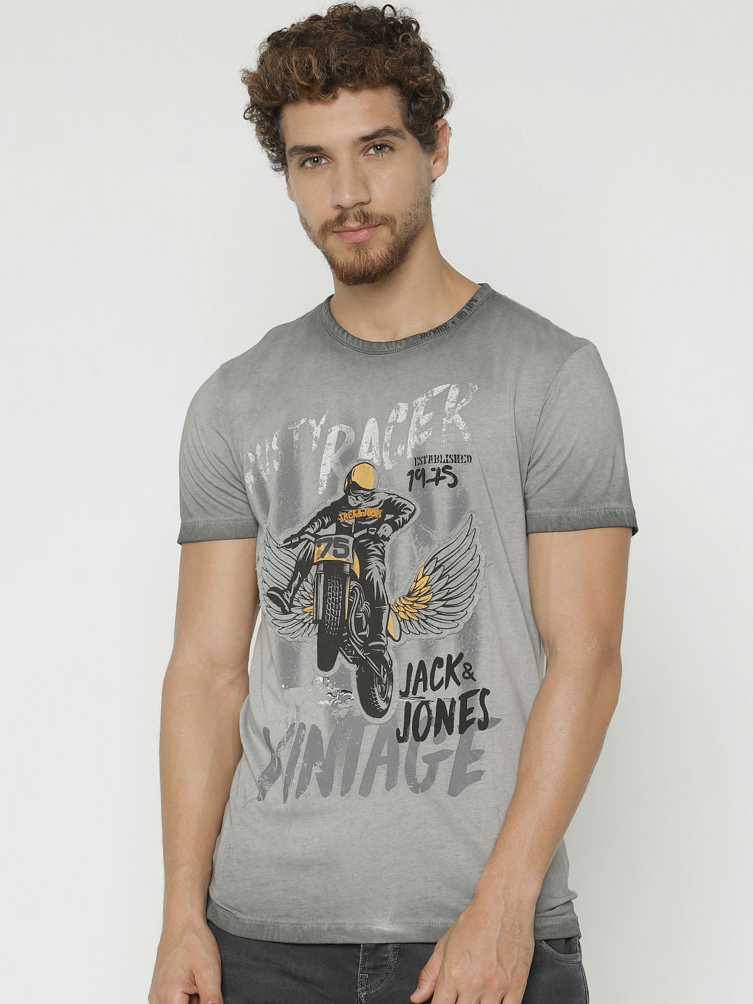 Grey Graphic Print Crew Neck T-Shirt - S