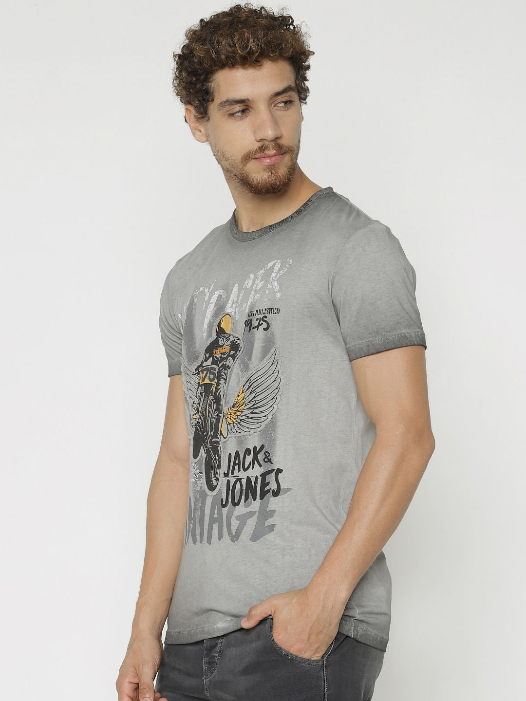 Grey Graphic Print Crew Neck T-Shirt