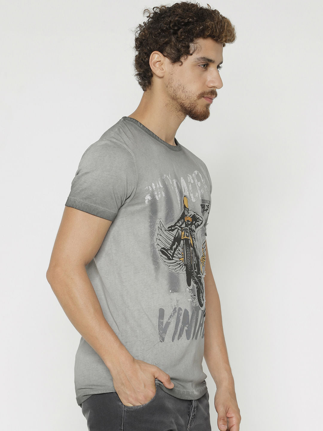 Grey Graphic Print Crew Neck T-Shirt