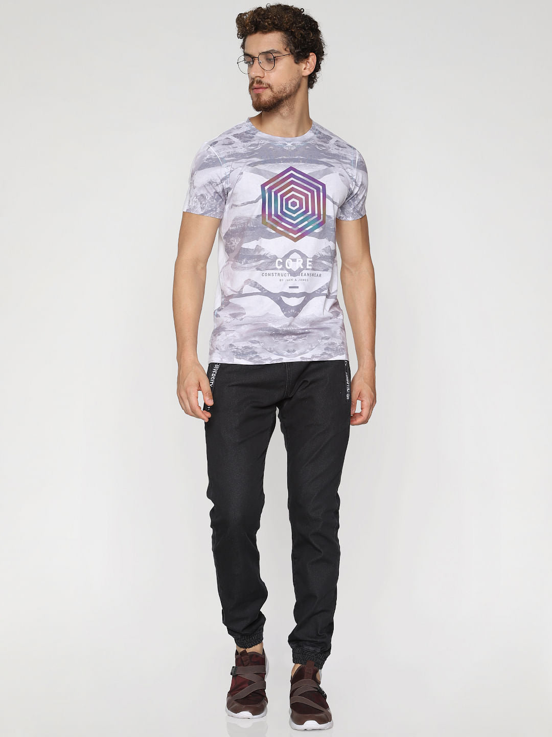 White All Over Print Crew Neck T-Shirt - S