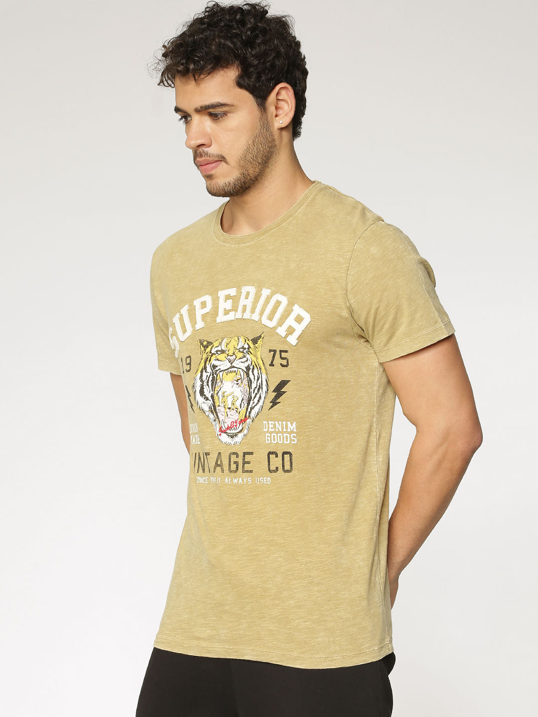 Brown Text And Graphic Print Washed Crew Neck T-Shirt