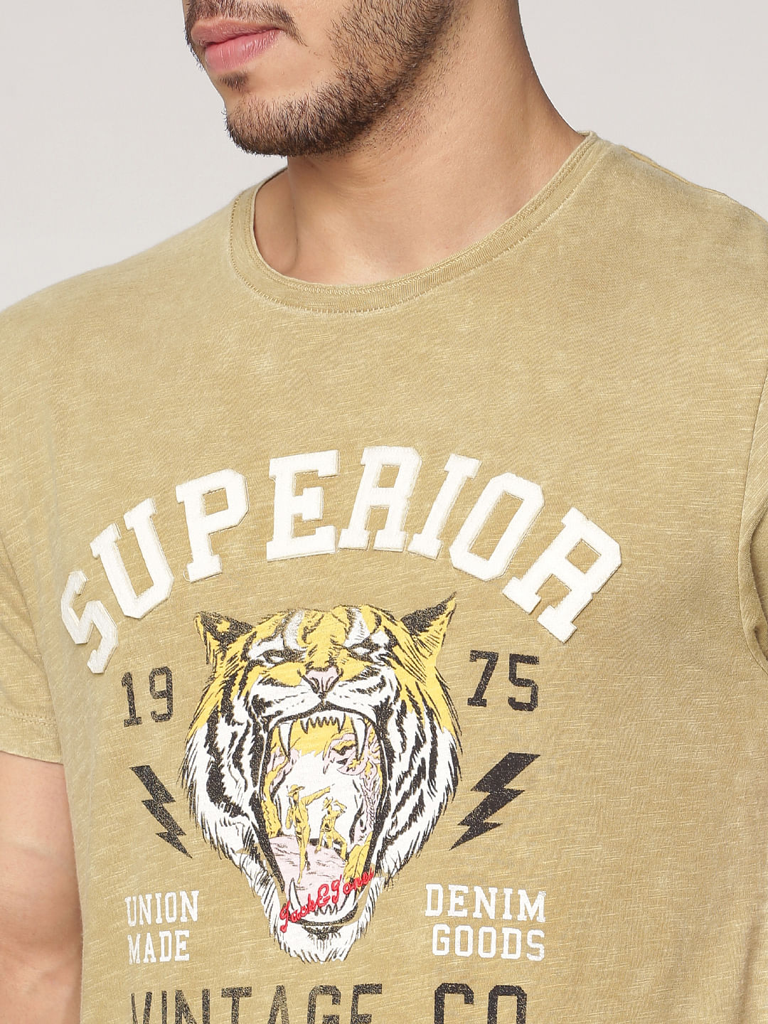 Brown Text And Graphic Print Washed Crew Neck T-Shirt